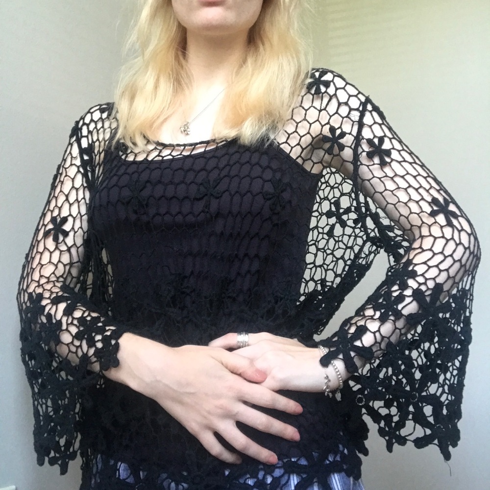 Crochet Black long bell sleeve cover up/shirt - Picture 3 of 7